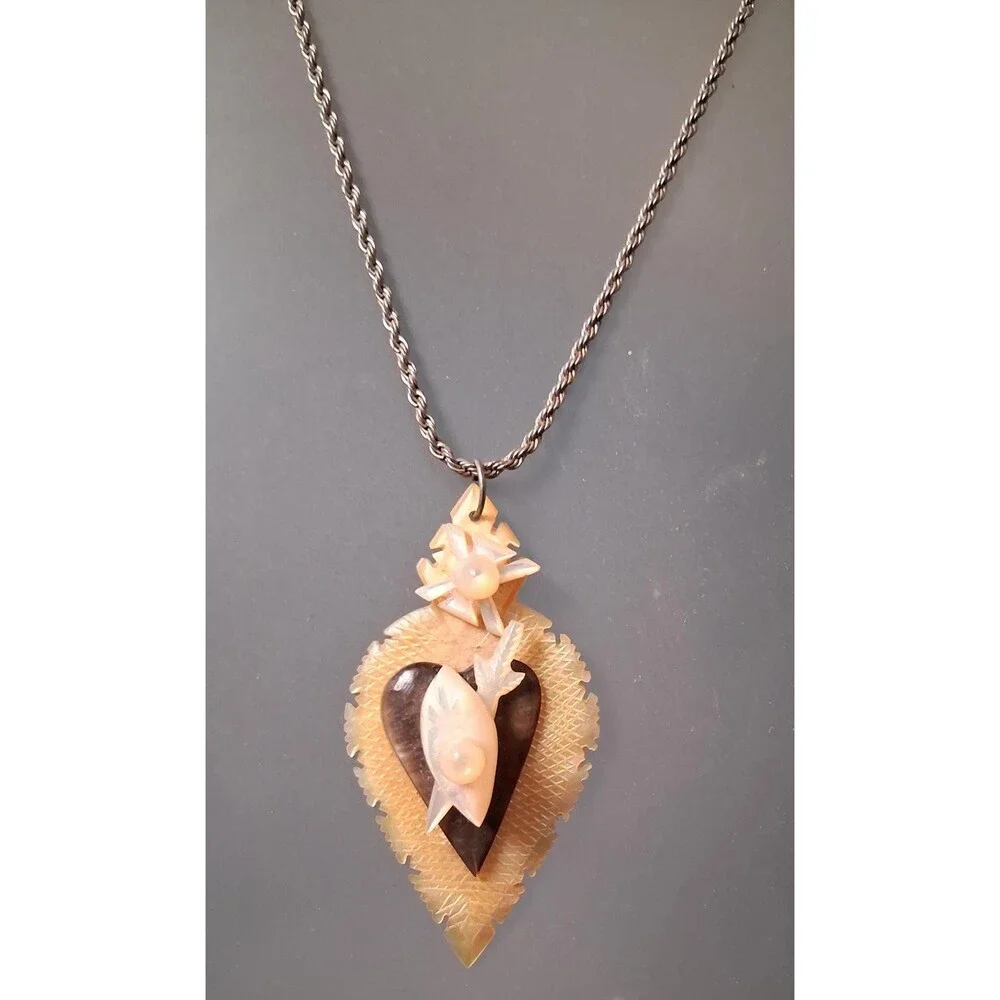 Carved Sacred Heart Necklace Mother of Pearl